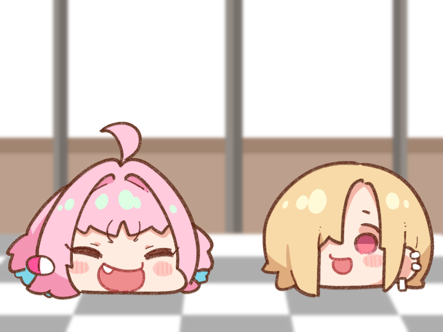 2girls :d blush_stickers chibi fang hair_over_shoulder idolmaster idolmaster_cinderella_girls looking_at_viewer medium_hair multiple_girls pink_hair red_eyes shirasaka_koume smile takato_kurosuke yukkuri_shiteitte_ne yumemi_riamu