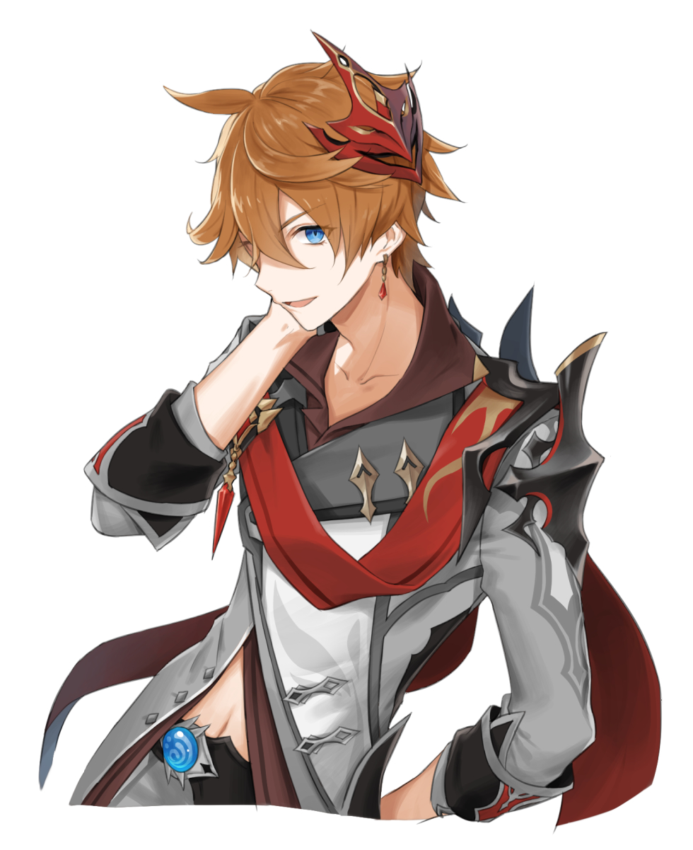 1boy :d bangs blue_eyes brown_hair earrings genshin_impact grey_jacket hand_up highres jacket jewelry long_sleeves looking_at_viewer male_focus mask mask_on_head navel noi_(nononoi339) open_mouth short_hair simple_background smile solo tartaglia_(genshin_impact) upper_body white_background