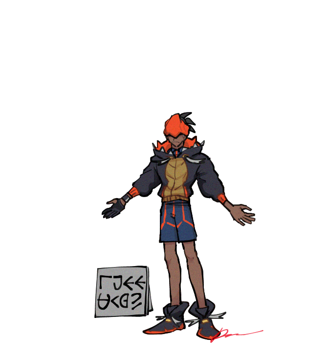 1boy black_footwear black_hair black_hoodie closed_mouth collared_shirt dark-skinned_male dark_skin dynamax_band free_hugs frown full_body gloves headband hood hoodie male_focus orange_headband partially_fingerless_gloves pokemon pokemon_(game) pokemon_swsh raihan_(pokemon) sagemaru-br shirt shoes short_hair sign signature single_glove solo standing white_background