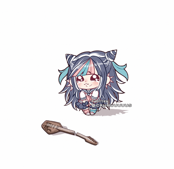 1girl :&lt; artist_name asymmetrical_legwear bangs black_hair blue_hair blush broken_guitar chibi criis-chan crying danganronpa_(series) danganronpa_2:_goodbye_despair guitar hair_horns instrument long_hair mioda_ibuki mismatched_legwear mouth_piercing multicolored_hair piercing pink_eyes pink_hair school_uniform serafuku shiny shiny_hair shirt short_sleeves skirt solo tears thigh-highs torn_clothes torn_legwear white_hair white_shirt