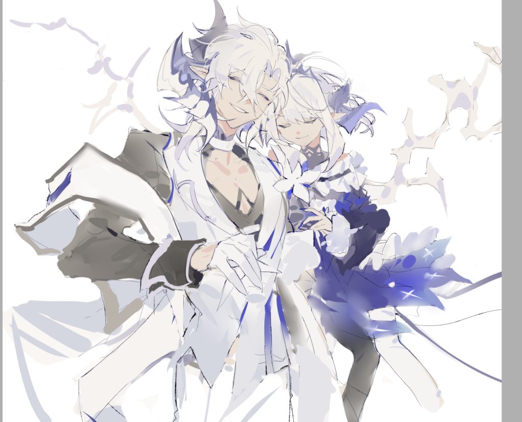 1boy 1girl ciel_(elsword) closed_eyes closed_mouth crown dress elsword gloves hand_on_another's_shoulder horns leaning_on_another leaning_on_person linbai22 long_hair long_sleeves luciela_r._sourcream open_mouth pointy_ears short_hair smile teeth white_background white_hair