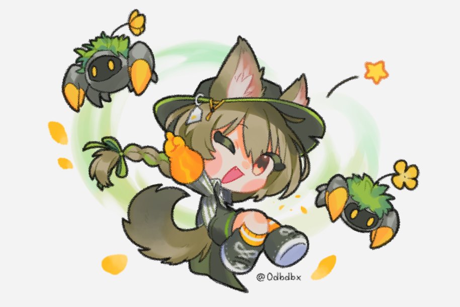 1girl ;d arknights beanstalk_(arknights) black_footwear black_overalls blush braid brown_hair chibi commentary crab daba_(0dbdbx) fang flower gloves green_hair green_ribbon hair_flower hair_ornament hair_ribbon hyena_ears hyena_girl hyena_tail index_finger_raised long_hair metal_crab_(arknights) multicolored_hair one_eye_closed open_mouth orange_gloves orange_legwear overalls red_eyes ribbon shirt simple_background smile socks solo star_(symbol) streaked_hair symbol-only_commentary twitter_username white_background white_shirt yellow_flower