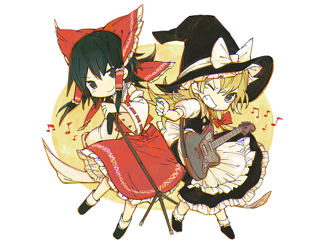 2girls apron bangs black_dress black_eyes black_footwear black_hair black_headwear blonde_hair blush bow braid buttons chibi closed_mouth commentary_request detached_sleeves double-breasted dress electric_guitar grin guitar hair_bow hair_tubes hakurei_reimu hat holding holding_microphone holding_plectrum inazumrai instrument kirisame_marisa long_sleeves looking_at_viewer microphone microphone_stand multiple_girls one_eye_closed plectrum red_bow red_shirt red_skirt ribbon-trimmed_sleeves ribbon_trim shirt shoes skirt smile socks touhou white_apron white_legwear white_sleeves wide_sleeves witch_hat