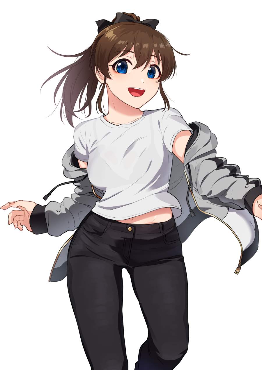 1girl black_pants black_ribbon blue_eyes bralines brown_hair grey_jacket hair_ribbon high_ponytail highres idolmaster idolmaster_million_live! jacket kamille_(vcx68) long_hair long_sleeves looking_at_viewer midriff_peek open_clothes open_jacket open_mouth pants ribbon satake_minako shirt short_sleeves simple_background smile solo white_background white_shirt