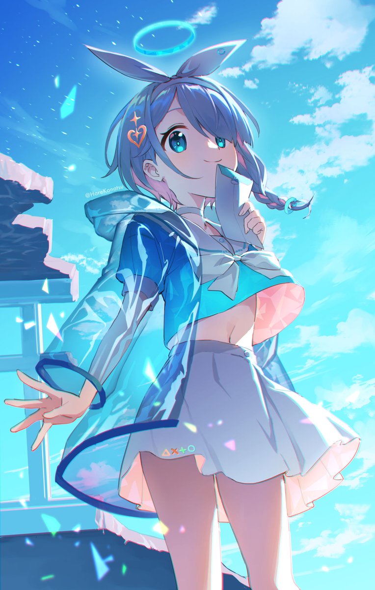 1girl arona_(blue_archive) blue_archive blue_eyes blue_hair blue_shirt blue_sky bow_hairband choker closed_mouth clouds colored_inner_hair envelope hair_over_one_eye hairband halo highres holding holding_envelope konatsu_hare looking_at_viewer midriff multicolored_hair navel neckerchief pink_hair sailor_collar shirt short_hair skirt sky smile solo white_choker white_hairband white_neckerchief white_sailor_collar white_skirt