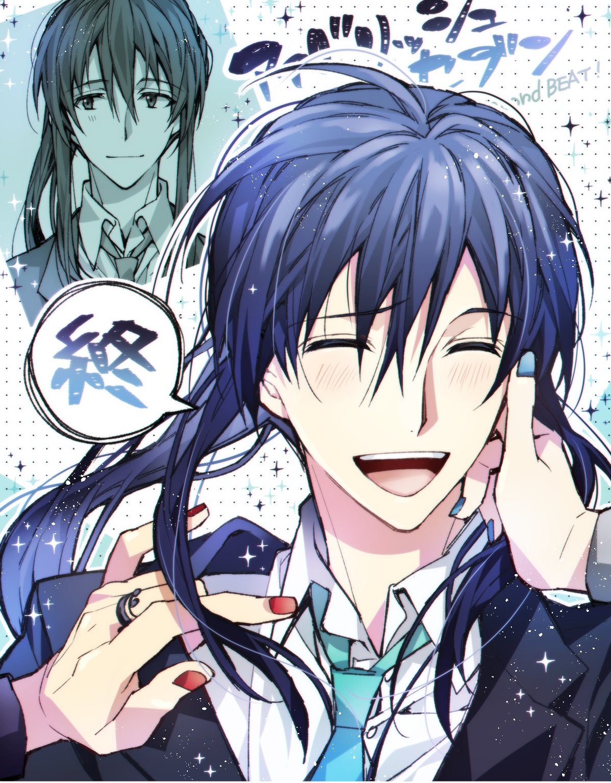 1boy ahoge blue_hair blue_nails blush closed_mouth formal highres idolish_7 jewelry long_hair long_sleeves looking_at_viewer male_focus oogami_banri open_mouth red_nails ring smile solo sparkle suit tanemura_arina