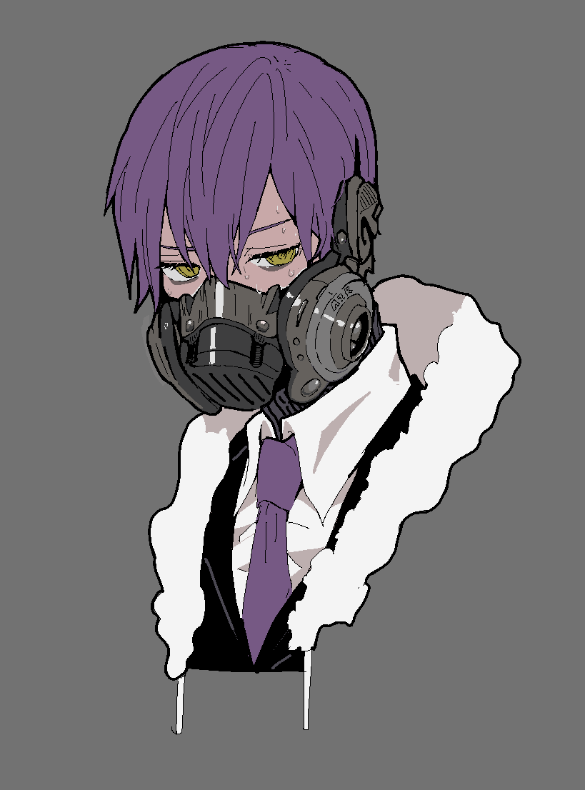 1boy black_jacket chinese_commentary commentary_request fur_trim gas_mask grey_background hair_between_eyes jacket lobotomy_corporation male_focus mask necktie portrait project_moon purple_hair purple_necktie red-xii shirt short_hair simple_background solo sweat sweating_profusely white_shirt yellow_eyes yesod_(project_moon)