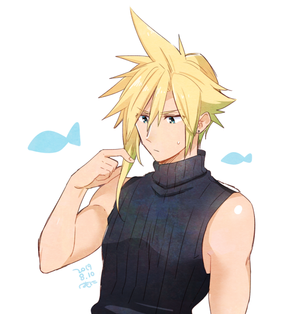 1boy asymmetrical_hair bare_arms blonde_hair blue_eyes blue_shirt cloud_strife earrings final_fantasy final_fantasy_vii final_fantasy_vii_remake fish hair_between_eyes hand_in_own_hair jewelry krudears male_focus muscular muscular_male shirt single_earring sleeveless sleeveless_turtleneck solo spiky_hair sweatdrop turtleneck upper_body white_background