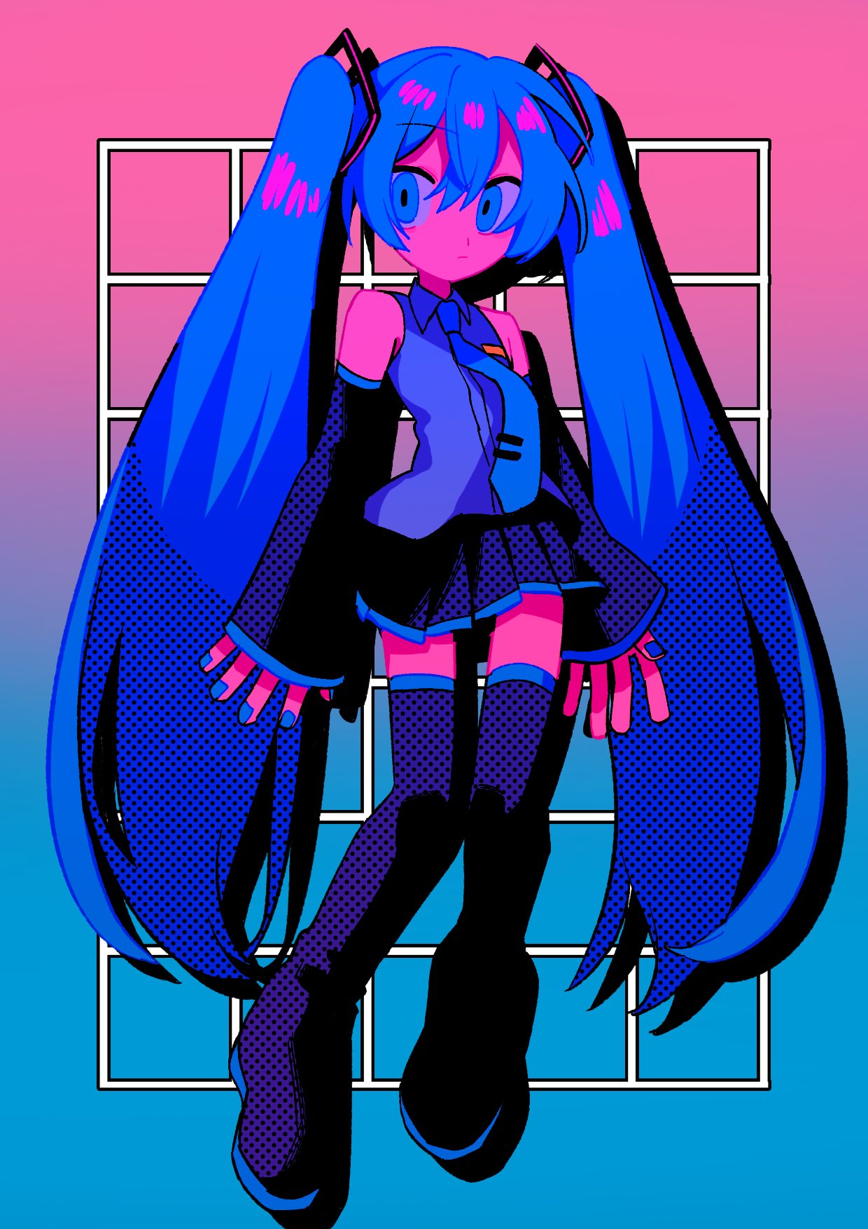 1girl bare_shoulders black_skirt blue_eyes blue_footwear blue_hair blue_nails blue_necktie boots closed_blue_(vocaloid) detached_sleeves fingernails gradient gradient_background grid grid_background hair_between_eyes hatsune_miku highres long_hair menma_(enaic31) necktie skirt sleeves_past_wrists solo thigh_boots twintails very_long_hair vocaloid