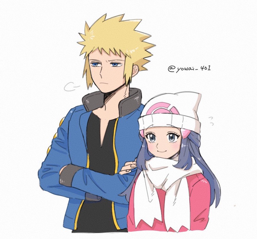 1boy 1girl beanie black_shirt blonde_hair blue_eyes blue_jacket closed_mouth coat commentary_request crossed_arms grey_eyes hair_ornament hairclip hat hikari_(pokemon) jacket long_hair long_sleeves open_clothes open_jacket pachiko_(norazaemon38) poke_ball_print pokemon pokemon_(game) pokemon_dppt pokemon_platinum scarf shirt short_hair smile spiky_hair volkner_(pokemon) white_headwear white_scarf