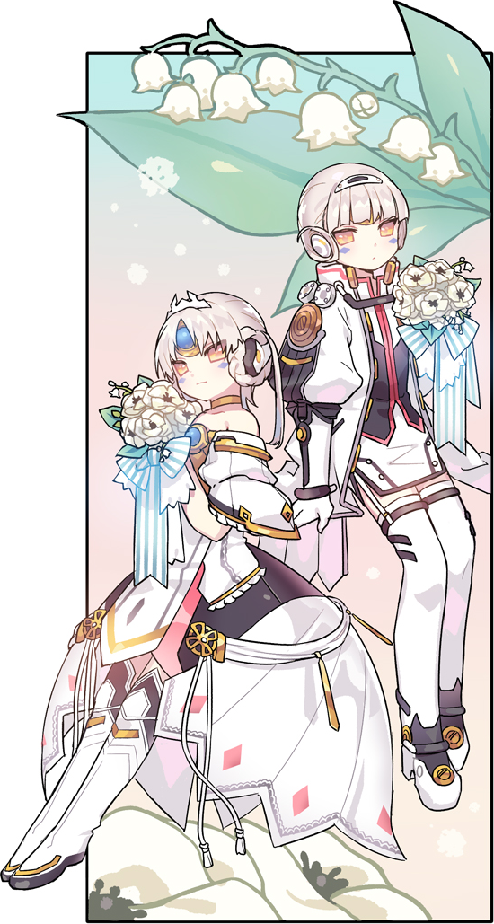 2girls artist_request bangs bare_shoulders boots bouquet braid code:_architecture_(elsword) code:_empress_(elsword) crown_hair_ornament dress dual_persona elsword eve_(elsword) expressionless facial_mark flower forehead_jewel garter_straps grey_hair holding holding_bouquet jacket leaf long_sleeves multiple_girls open_clothes open_jacket parted_bangs short_dress smile thigh_boots white_dress