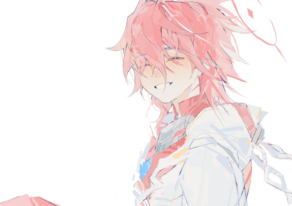 1boy blush closed_eyes elsword elsword_(character) facing_viewer hood linbai22 long_sleeves male_focus open_mouth redhead sacred_templar_(elsword) short_hair sketch solo teeth white_background
