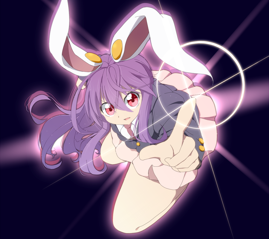 1girl animal_ears bangs black_jacket blazer bwell collared_shirt commentary_request full_body glint jacket long_hair long_sleeves looking_at_viewer necktie open_mouth pink_skirt pleated_skirt pointing pointing_at_viewer purple_hair rabbit_ears rabbit_girl red_eyes red_necktie reisen_udongein_inaba shirt skirt solo thighs touhou very_long_hair white_shirt