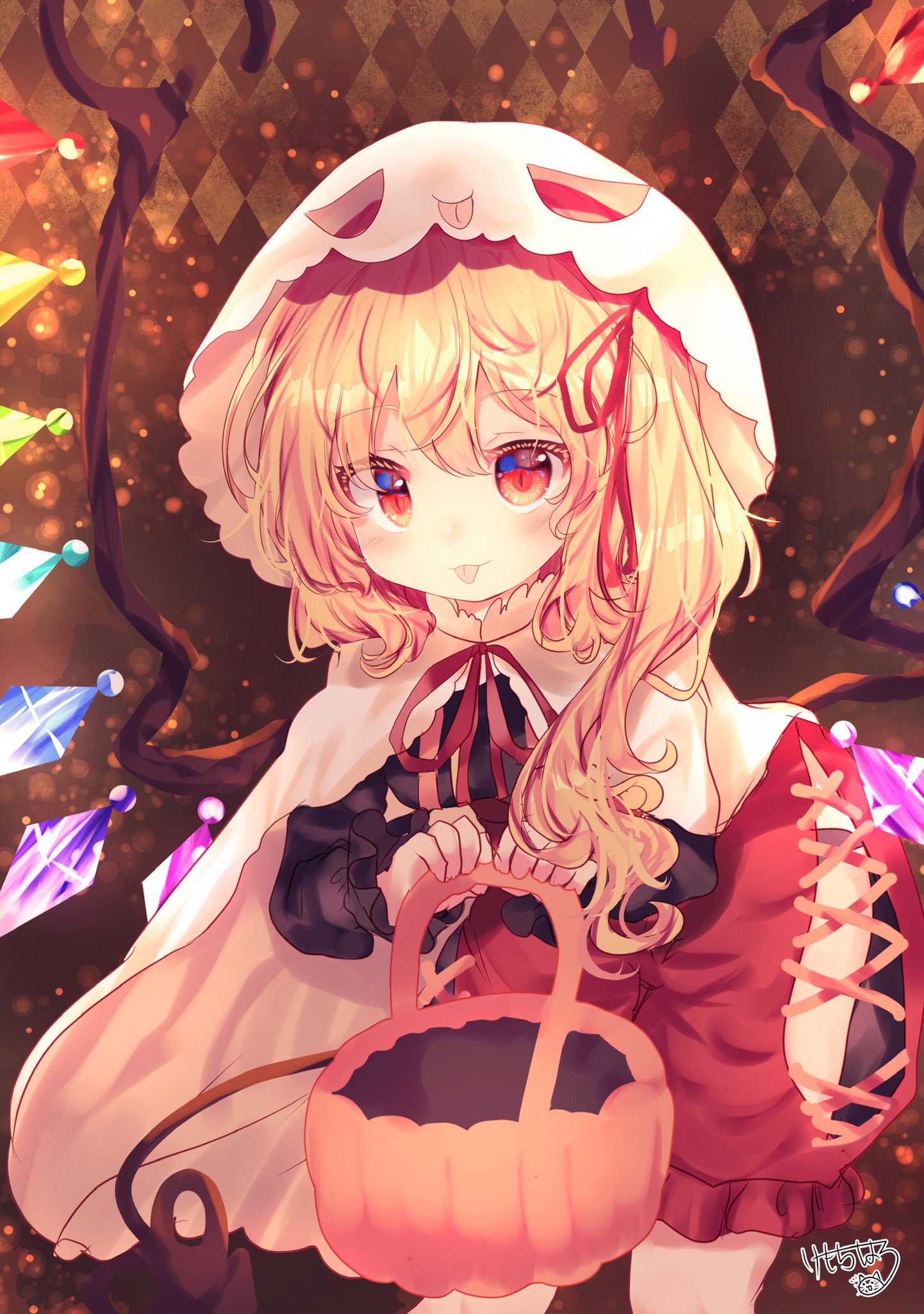 1girl argyle basket blonde_hair closed_mouth crystal flandre_day flandre_scarlet ghost_costume halloween halloween_costume highres holding holding_basket kemo_chiharu leaning_forward light_particles looking_at_viewer one_side_up rainbow_order red_eyes signature solo standing tongue tongue_out touhou wings