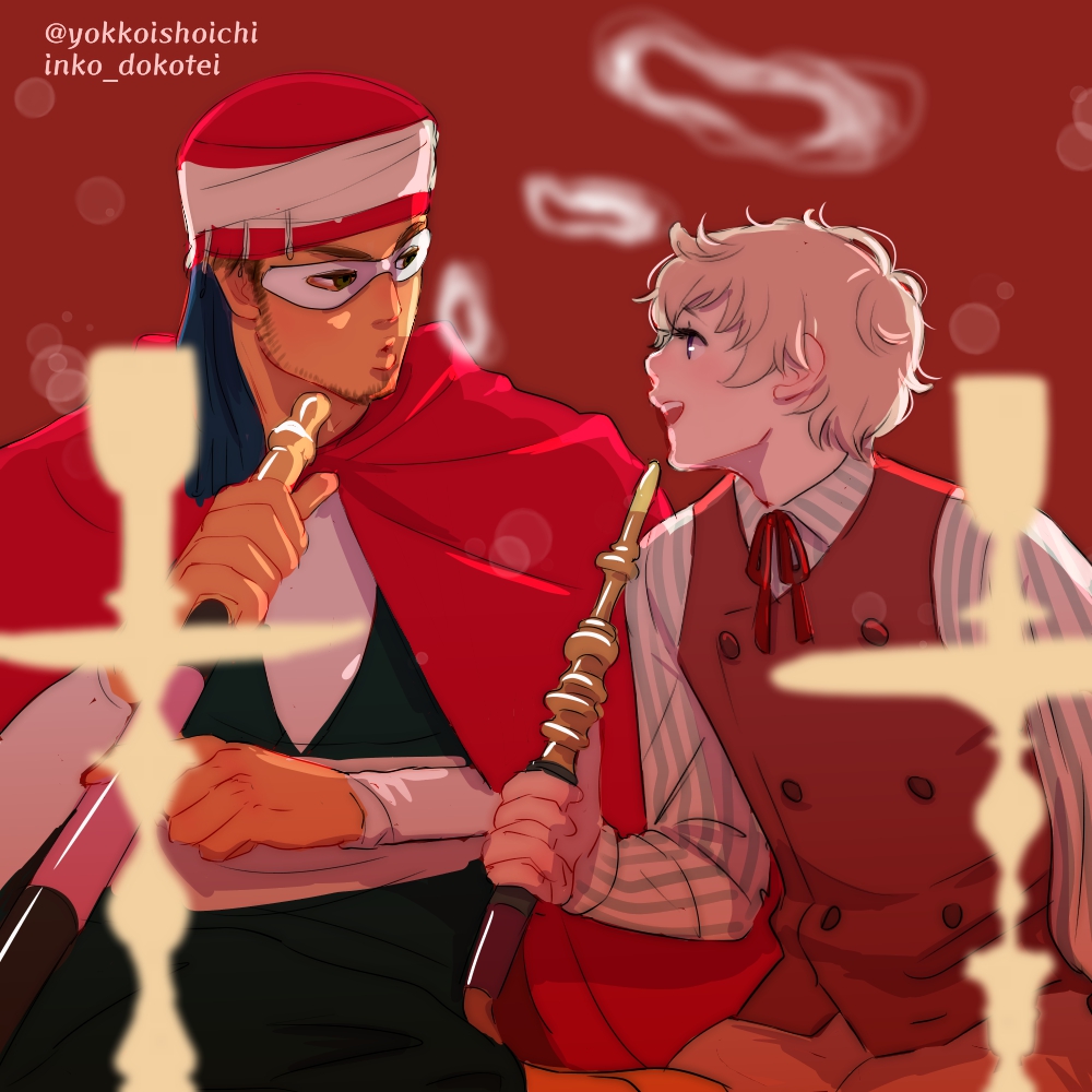 2boys axis_powers_hetalia blonde_hair blurry blurry_foreground cape collared_shirt dark-skinned_male dark_skin latvia_(hetalia) long_sleeves looking_at_another mask multiple_boys red_theme shirt smoke_ring smoking striped striped_shirt surcoat turban turkey_(hetalia) violet_eyes waistcoat yokkorashoichi