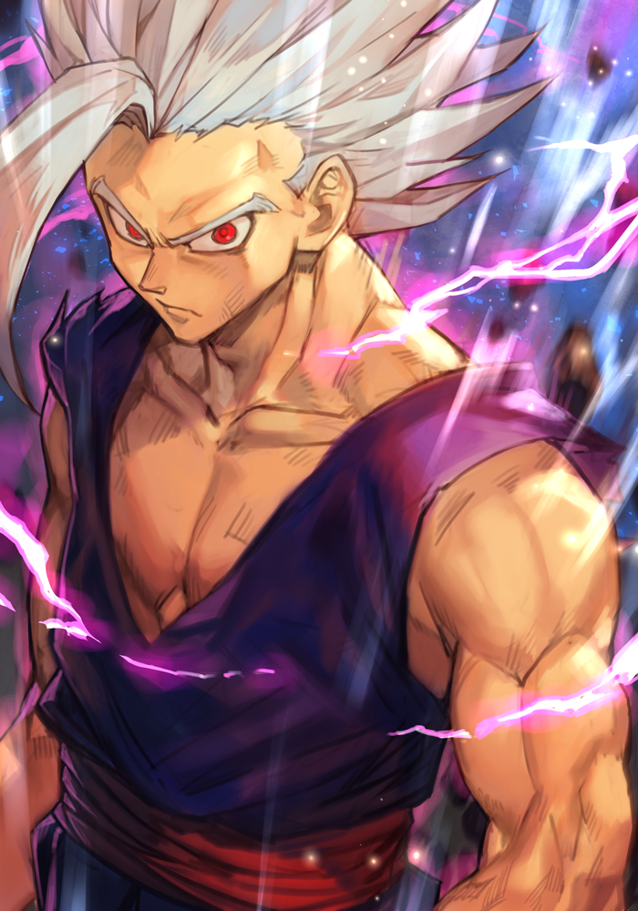 1boy aura biceps collarbone dougi dragon_ball dragon_ball_super dragon_ball_super_super_hero gohan_beast hankuri looking_at_viewer muscular muscular_male red_eyes serious solo son_gohan spiky_hair spoilers v-shaped_eyebrows white_hair