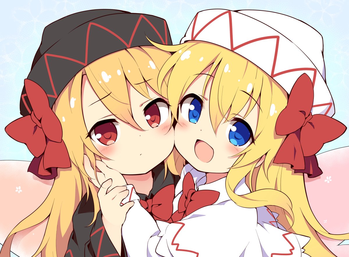 2girls baku-p black_capelet black_dress black_headwear blonde_hair blue_eyes blush capelet closed_mouth dress dual_persona fairy fairy_wings hair_between_eyes hat lily_black lily_white long_hair long_sleeves multiple_girls open_mouth red_eyes smile touhou upper_body white_capelet white_dress white_headwear wings