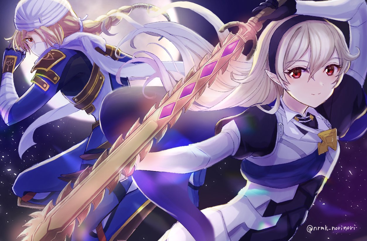 2girls androgynous armor bandages blonde_hair braid breasts corrin_(fire_emblem) corrin_(fire_emblem)_(female) dark_skin fire_emblem fire_emblem_fates gloves hair_between_eyes hair_ornament hairband hat long_hair looking_at_viewer mask multiple_girls norimaki_(nrmk_norinori) pointy_ears red_eyes reverse_trap sheik simple_background smile super_smash_bros. surcoat the_legend_of_zelda the_legend_of_zelda:_ocarina_of_time turban weapon white_hair