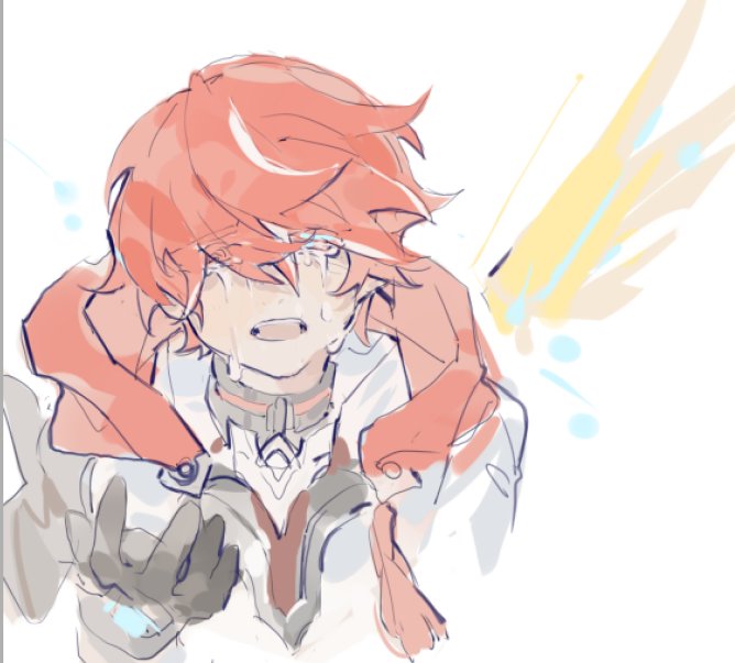 1boy blush crying crying_with_eyes_open elsword elsword_(character) gloves linbai22 long_sleeves male_focus multicolored_hair open_mouth red_eyes redhead sacred_templar_(elsword) short_hair single_wing sketch solo tears teeth white_background white_hair wings