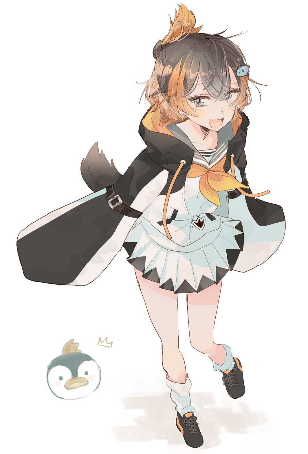 1girl black_footwear blue_eyes blush brown_hair fish_hair_ornament hair_ornament highres hood hoodie leaning_forward looking_to_the_side multicolored_hair neckerchief nijisanji nijisanji_en open_mouth orange_hair orange_neckerchief penguin_tail petra_gurin sailor_collar skirt sleeves_past_fingers sleeves_past_wrists solo streaked_hair tail virtual_youtuber wa_(xma_wamwx) white_hoodie white_skirt