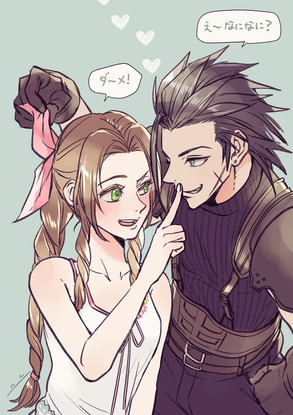 1boy 1girl aerith_gainsborough armor bare_shoulders belt black_hair blue_eyes braid braided_ponytail brown_hair couple crisis_core_final_fantasy_vii dress earrings final_fantasy final_fantasy_vii finger_to_another's_mouth gloves green_eyes hair_ribbon hand_on_hip heart highres jewelry long_hair looking_at_another nidou_(rechlo) pink_ribbon ribbon scar scar_on_cheek scar_on_face shoulder_armor sleeveless sleeveless_dress sleeveless_turtleneck speech_bubble spiky_hair text_focus translation_request turtleneck zack_fair