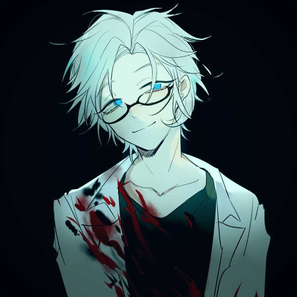 1boy black_background blood blood_on_clothes blue_eyes closed_mouth coat glasses green_shirt kanou_aogu labcoat lemijiang male_focus open_clothes open_coat saibou_shinkyoku shirt short_hair simple_background smile solo upper_body white_coat white_hair