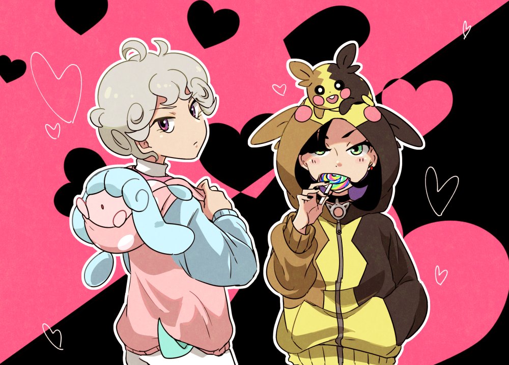 1boy 1girl ahoge alternate_costume bangs bede_(pokemon) black_hair blush candy closed_mouth commentary_request curly_hair food green_eyes hand_in_pocket hand_up hatenna heart holding hood hood_down hood_up hooded_jacket hoodie jacket kono2noko lollipop long_sleeves looking_at_viewer marnie_(pokemon) morpeko morpeko_(full) on_head pokemon pokemon_(creature) pokemon_(game) pokemon_on_head pokemon_swsh short_hair two-tone_background violet_eyes