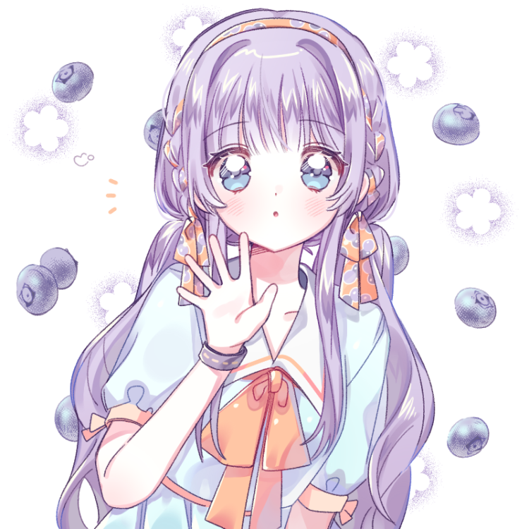 1girl bangs blue_eyes blue_shirt blueberry blush braid copyright_request food fruit hand_up long_hair looking_at_viewer neck_ribbon orange_ribbon purple_hair ribbon ribbon_braid shirt short_sleeves solo upper_body white_background yalmyu