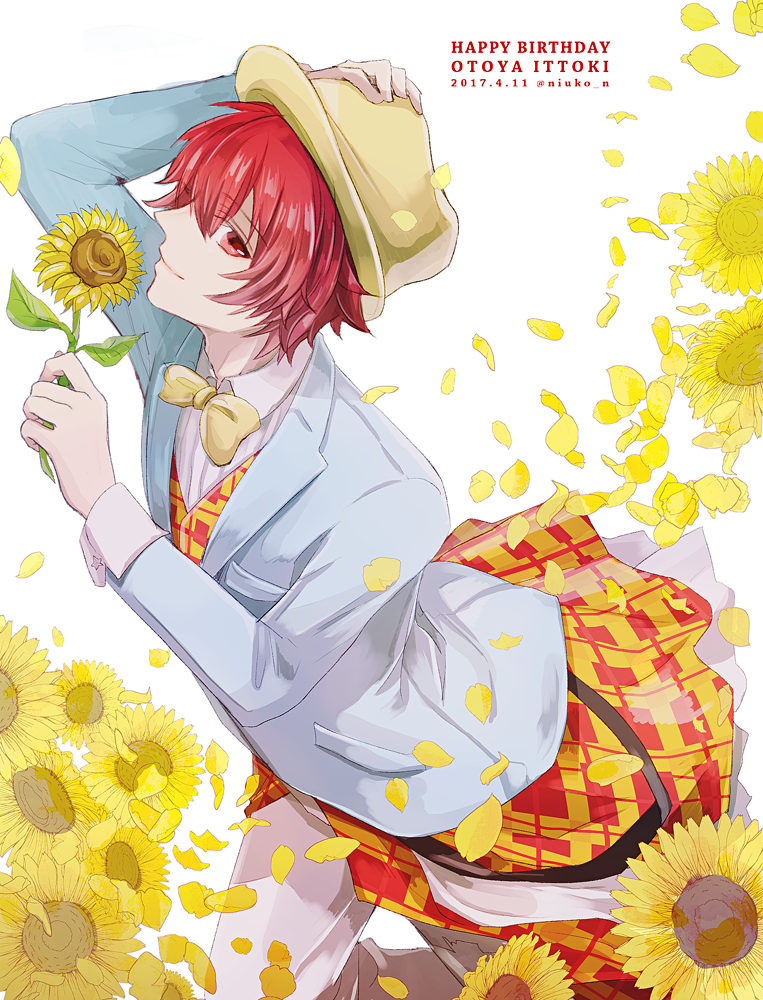 1boy blue_jacket bow bowtie character_name clothes_around_waist collared_shirt cowboy_shot dated fedora flower hair_between_eyes hand_on_headwear happy_birthday hat holding holding_flower ittoki_otoya jacket looking_at_viewer male_focus pants patterned_clothing pelee petals red_eyes redhead shirt short_hair sideways_glance smile solo suit_jacket sunflower traditional_bowtie twitter_username uta_no_prince-sama vest white_pants white_shirt yellow_bow yellow_bowtie yellow_headwear yellow_vest