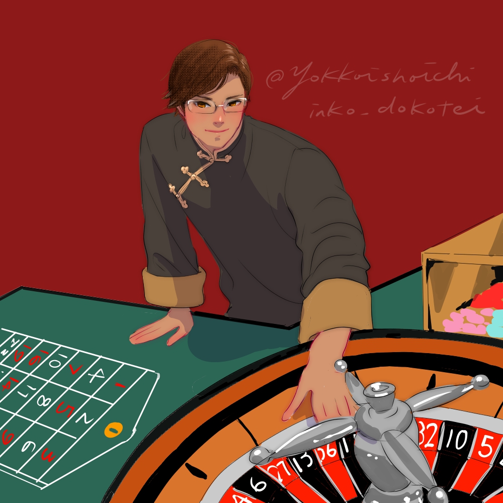1boy axis_powers_hetalia brown_hair chinese_clothes glasses hand_on_table indoors looking_at_viewer macau_(hetalia) male_focus pool_table red_background roulette roulette_table short_hair simple_background solo tangzhuang yellow_eyes yokkorashoichi