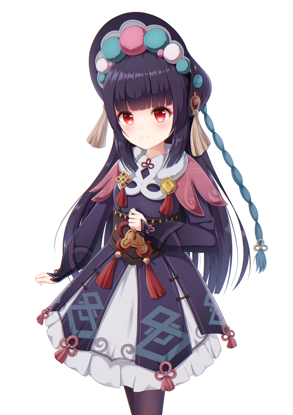 1girl bangs black_hair black_legwear blunt_bangs bonnet capelet chinese_clothes commentary_request genshin_impact hairband highres lolita_fashion long_hair long_sleeves looking_at_viewer pantyhose red_eyes sidelocks simple_background solo white_background yottacc yun_jin_(genshin_impact)