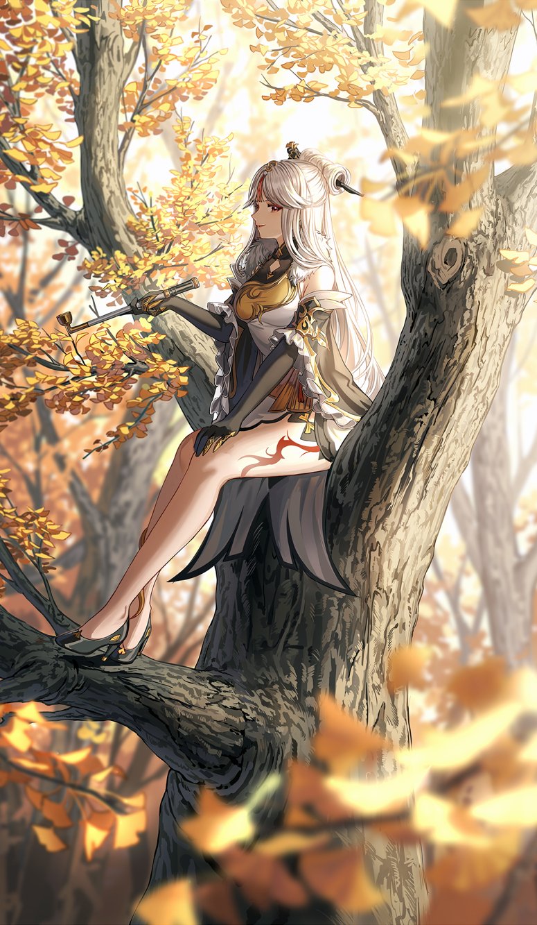 autumn_leaves bangs bare_shoulders black_gloves breasts brown_footwear china_dress chinese_clothes claw_ring detached_sleeves dress elbow_gloves forest fur_collar fur_trim genshin_impact gloves hair_ornament hair_stick hairpin high_heels highres holding holding_smoking_pipe in_tree large_breasts long_hair nature ningguang_(genshin_impact) parted_bangs red_eyes sidelocks silence_girl sitting sitting_in_tree smoking_pipe tassel tree very_long_hair white_dress white_hair