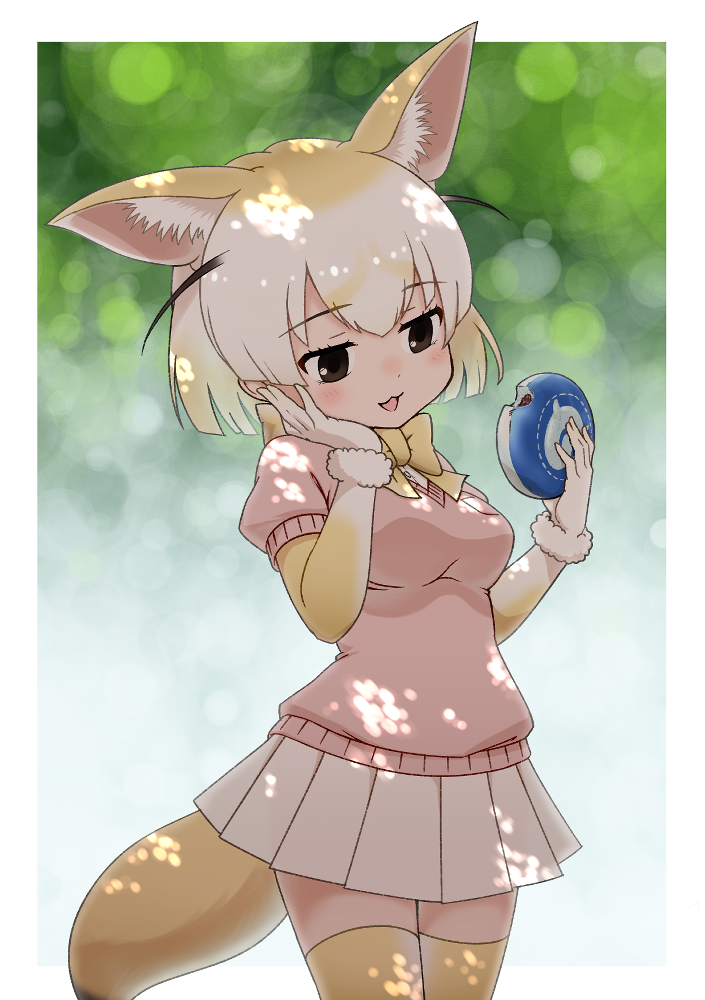 1girl :3 animal_ears blonde_hair blush bow bowtie brown_eyes cowboy_shot eating elbow_gloves extra_ears fennec_(kemono_friends) food fox_ears fox_girl fox_tail fur_trim gloves hoshino_mitsuki japari_bun japari_symbol kemono_friends kemono_friends_3 multicolored_hair open_mouth pink_sweater_vest pleated_skirt puffy_short_sleeves puffy_sleeves short_hair short_sleeves skirt solo sweater_vest tail thigh-highs white_hair white_skirt yellow_bow yellow_bowtie yellow_gloves yellow_legwear zettai_ryouiki