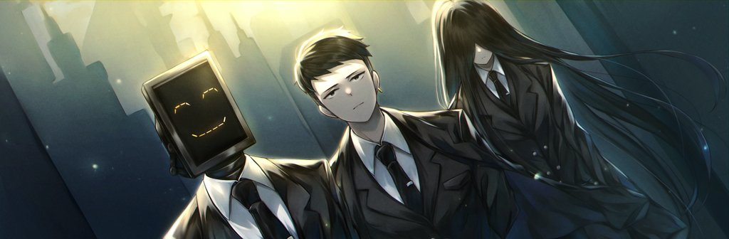 1girl 2boys bada_(library_of_ruina) black_eyes black_hair black_necktie earrings formal hair_over_eyes jewelry library_of_ruina long_hair martina_(library_of_ruina) mikoto0x0 multiple_boys necktie nemo_(library_of_ruina) project_moon screen shirt short_hair sleeves_past_fingers sleeves_past_wrists suit very_long_hair white_shirt