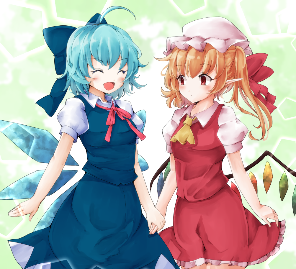 2girls ahoge alternate_hair_color ascot blue_bow blue_dress blue_hair blush bow bowtie breasts buttons cirno closed_eyes closed_mouth collared_shirt commentary_request crystal dress flandre_scarlet frills green_background hat hat_ribbon hexagon ice ice_wings jewelry jyaoh0731 looking_at_another medium_breasts mob_cap multicolored_wings multiple_girls one_side_up open_mouth orange_hair pink_bow pink_bowtie pointy_ears puffy_short_sleeves puffy_sleeves red_eyes red_ribbon red_skirt red_vest ribbon shirt short_hair short_sleeves skirt smile standing tongue touhou v-shaped_eyebrows vest white_background white_headwear white_shirt wings yellow_ascot yuri