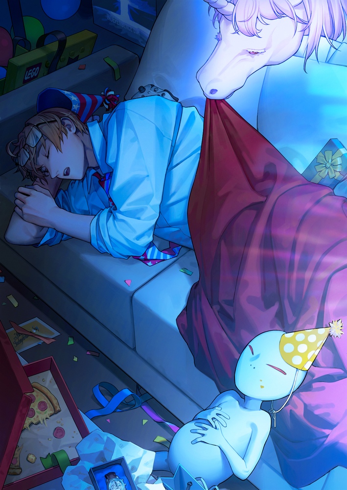 1boy ahoge alien america_(hetalia) axis_powers_hetalia blanket blonde_hair closed_eyes collared_shirt confetti couch eyewear_on_head food food_on_face gift hat indoors lego littleb623 messy_room moonlight mouth_hold necktie night open_mouth party_hat pizza pizza_box pizza_slice shirt sleeping streamers striped_necktie tony_(hetalia) tucking_in unicorn