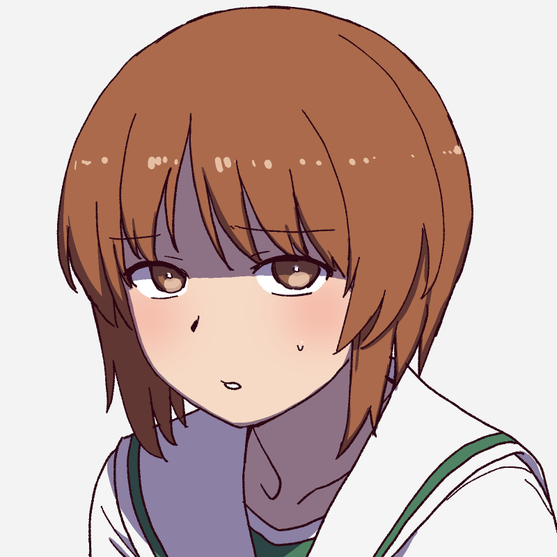 1girl brown_eyes brown_hair girls_und_panzer looking_at_viewer nishizumi_miho onsen_tamago_(hs_egg) parted_lips portrait school_uniform serafuku shaded_face short_hair simple_background solo sweatdrop white_background