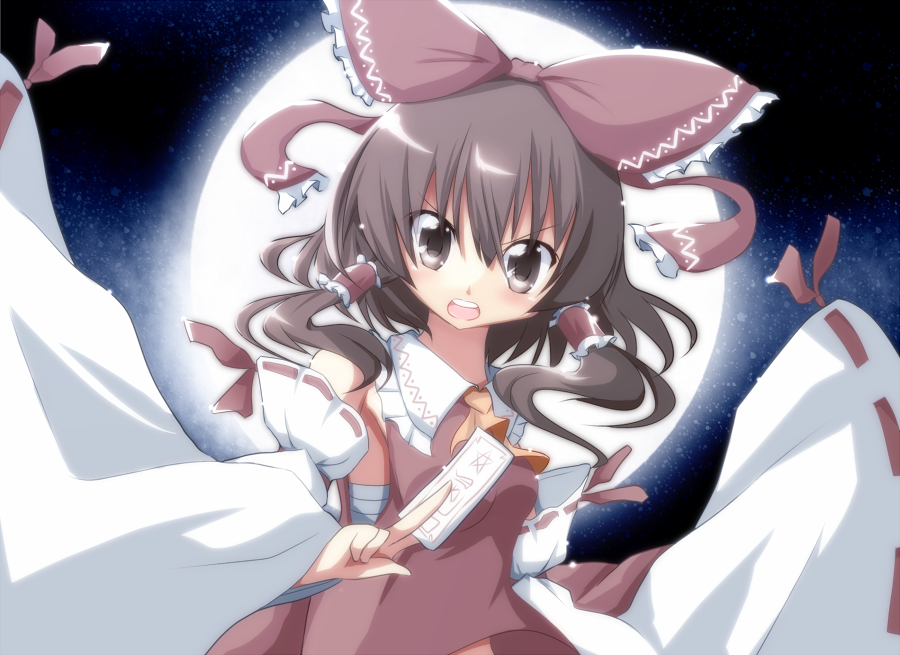 1girl ascot bangs between_fingers blush bow brown_eyes brown_hair bwell collared_shirt commentary_request detached_sleeves frilled_bow frilled_hair_tubes frilled_shirt_collar frills full_moon hair_between_eyes hair_bow hair_tubes hakurei_reimu long_hair looking_at_viewer moon ofuda open_mouth red_bow red_shirt ribbon-trimmed_sleeves ribbon_trim round_teeth sarashi shirt sidelocks sleeveless sleeveless_shirt solo teeth touhou upper_body white_sleeves wide_sleeves yellow_ascot