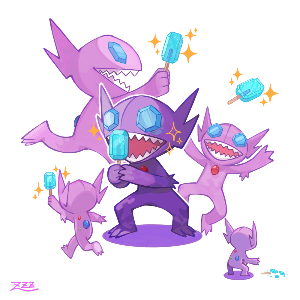 commentary_request food happy holding no_humans open_mouth oyasuminjyutsu pokemon pokemon_(creature) popsicle sableye sharp_teeth signature smile sparkle teeth white_background