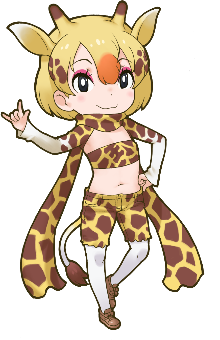 1girl animal_costume animal_ear_fluff animal_ears black_eyes eyeshadow game_cg giraffe_costume giraffe_ears giraffe_girl giraffe_horns giraffe_print giraffe_tail highres horns juuou_giraffe_(kemono_friends) kemono_friends kneehighs looking_at_viewer makeup multicolored_hair official_art scarf shoes short_hair shorts solo standing tachi-e tail transparent_background yoshizaki_mine