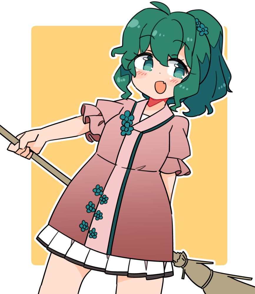 1girl adapted_costume alternate_hairstyle blush broom cowboy_shot dress fang frilled_sleeves frills green_eyes green_hair hair_between_eyes holding holding_broom ini_(inunabe00) kasodani_kyouko open_mouth pink_dress short_hair short_sleeves skin_fang smile solo touhou