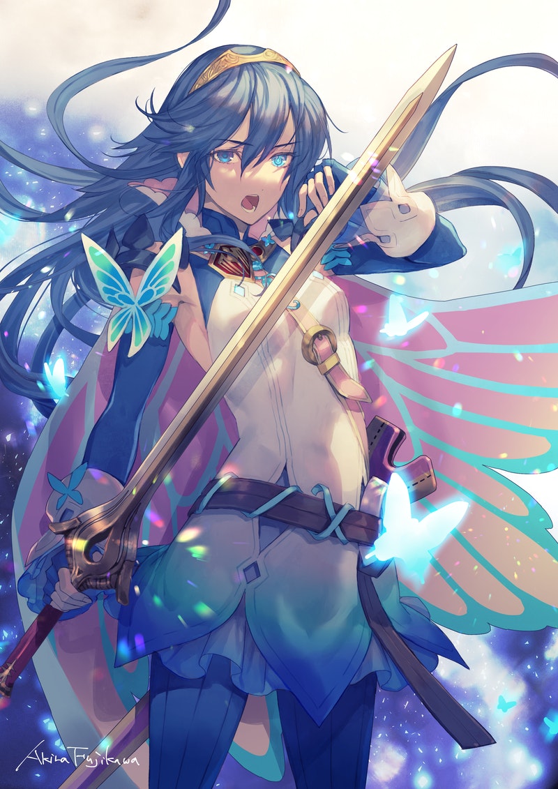 1girl artist_name bangs belt blue_eyes blue_hair bug butterfly cape falchion_(fire_emblem) fire_emblem fire_emblem_awakening fire_emblem_heroes fujikawa_arika gradient hair_between_eyes holding holding_sword holding_weapon long_hair looking_at_viewer lucina_(fire_emblem) official_alternate_costume open_mouth solo sword tiara weapon