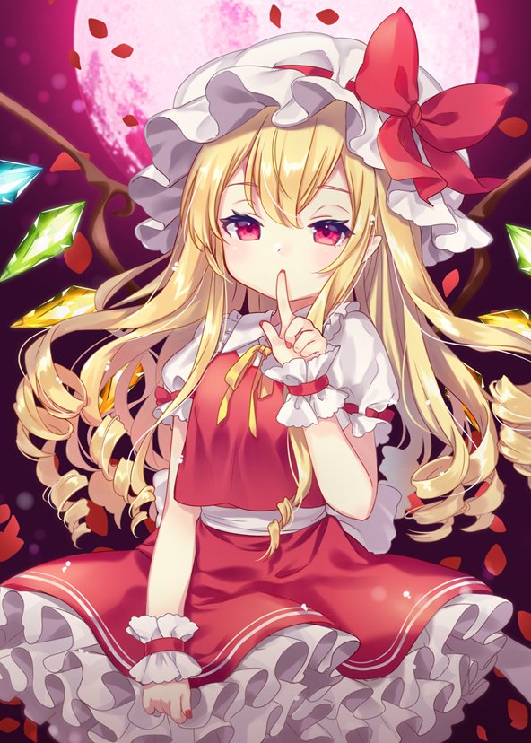 1girl alternate_hairstyle ascot blonde_hair collared_shirt crystal flandre_day flandre_scarlet frilled_shirt_collar frilled_skirt frilled_sleeves frills hat medium_hair mimi_(mimi_puru) mob_cap puffy_short_sleeves puffy_sleeves red_eyes red_skirt red_vest shirt short_sleeves skirt skirt_set slit_pupils solo touhou vest white_headwear white_shirt wings wrist_cuffs yellow_ascot