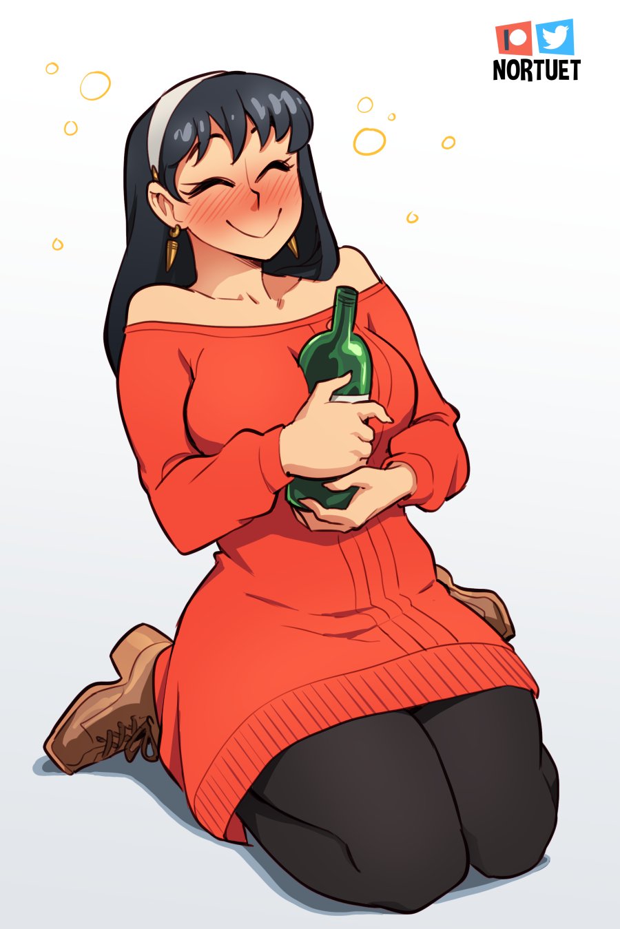 1girl alcohol bangs bare_shoulders black_hair blush boots bottle breasts closed_eyes dress drunk earrings hair_ornament hairband highres holding jewelry kneeling large_breasts long_hair nortuet pantyhose red_sweater sitting smile solo spy_x_family sweater sweater_dress yor_briar