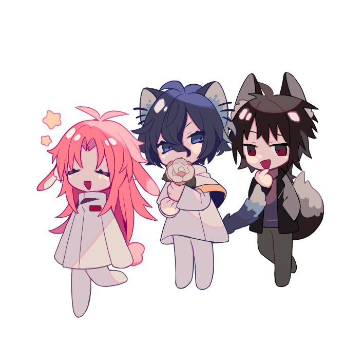 3boys ahoge animal_ears black_jacket blue_eyes blue_tail brown_hair brown_tail capelet cat_boy cat_ears cat_tail chibi chinese_commentary closed_eyes closed_mouth commentary_request finger_to_own_chin flower fox_boy fox_ears fox_tail grey_pants hair_between_eyes hand_in_pocket harada_minoru hatsutori_hajime high_collar holding holding_flower jacket kunkun_(ikunsleep) long_hair male_focus multiple_boys open_clothes open_jacket open_mouth pants pink_tail purple_sweater rabbit_boy rabbit_ears rabbit_tail red_eyes rose saibou_shinkyoku shirt simple_background smile star_(symbol) sweater tail turtleneck turtleneck_sweater utsugi_noriyuki white_background white_capelet white_flower white_pants white_rose white_shirt