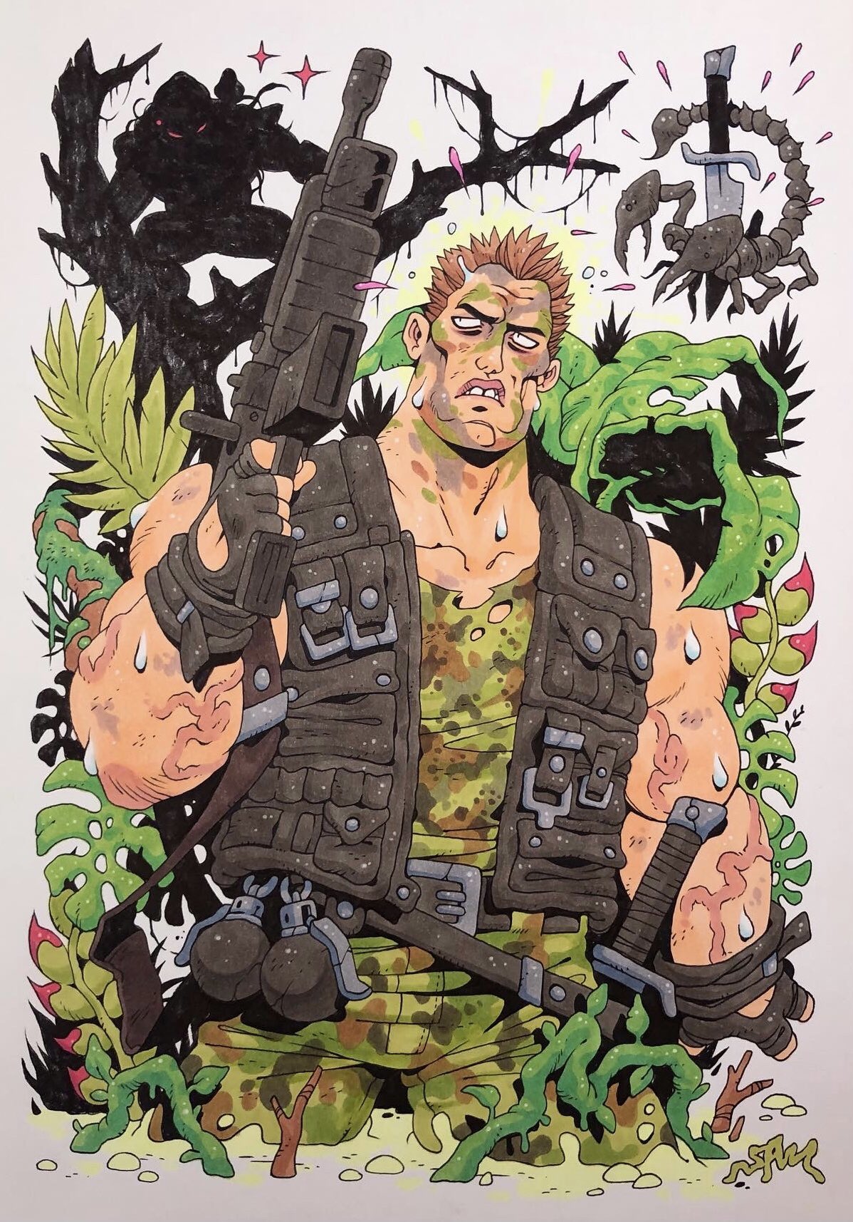 1boy alien arnold_schwarzenegger camouflage camouflage_jacket camouflage_pants dutch_(predator) explosive facepaint fingerless_gloves gloves grenade gun highres jacket jungle knife knife_holster light_brown_hair marker_(medium) muscular nature ohnosam pants predator predator_(movie) rifle sanpaku scorpion short_hair traditional_media veins veiny_arms vest weapon