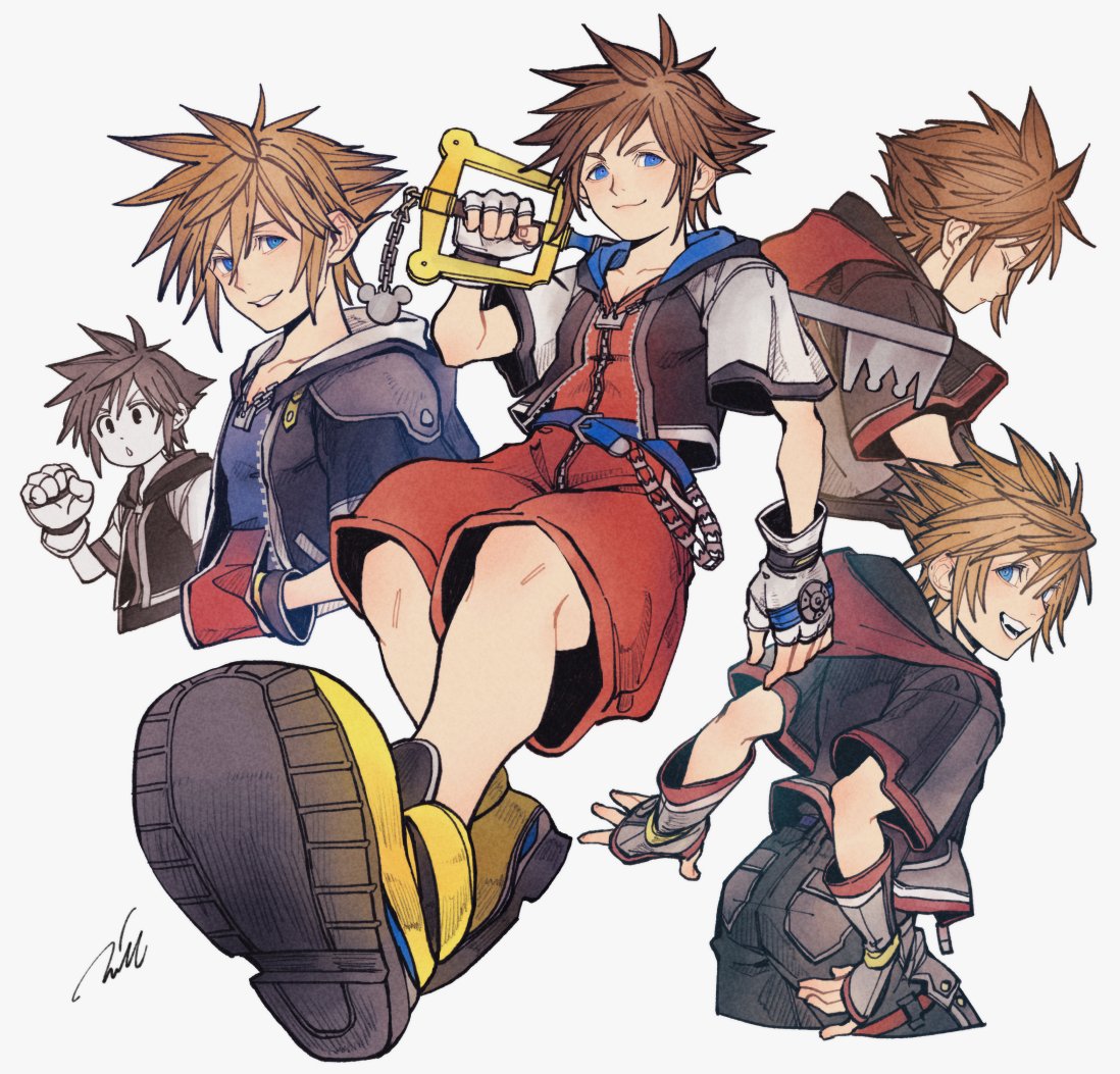 1boy belt black_shorts blue_eyes brown_hair chain_necklace clenched_hand closed_eyes cropped_hoodie fingerless_gloves full_body gloves hair_between_eyes hand_up hood hood_down hoodie keyblade kingdom_hearts kingdom_hearts_3d_dream_drop_distance kingdom_hearts_ii kingdom_hearts_iii looking_at_viewer male_focus mim_(mimya0600) multiple_views official_alternate_costume open_mouth over_shoulder parted_lips red_shorts short_hair short_sleeves shorts smile solo sora_(kingdom_hearts) spiky_hair teeth upper_body upper_teeth weapon weapon_over_shoulder white_background yellow_footwear