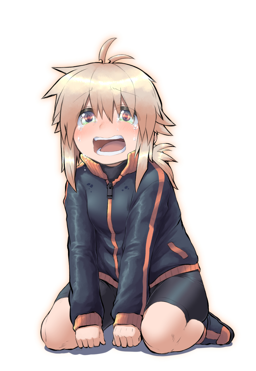 1girl antenna_hair bangs between_legs bike_shorts black_footwear black_jacket black_shirt black_shorts blonde_hair blush breasts commentary_request crying crying_with_eyes_open full_body green_eyes hair_between_eyes hand_between_legs highres jacket koshirae_tsurugi long_hair long_sleeves looking_at_viewer low_ponytail m.m open_mouth original ponytail shadow shirt shoes short_shorts shorts simple_background sitting sleeves_past_wrists small_breasts solo tears track_jacket wariza white_background