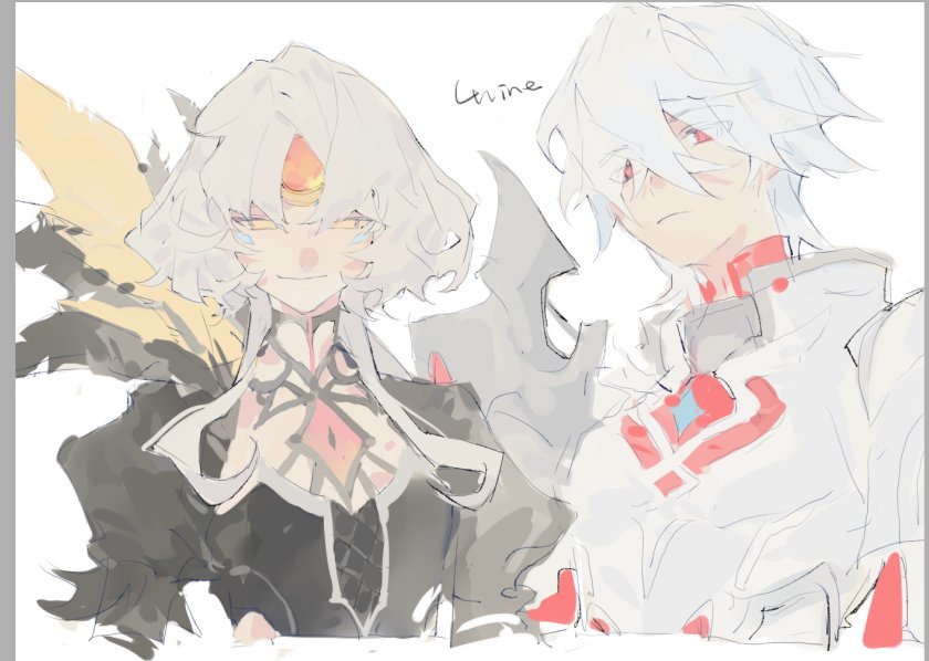 1boy 1girl closed_mouth code:_antithese_(elsword) elsword elsword_(character) eve_(elsword) facial_mark forehead_mark genesis_(elsword) linbai22 long_hair looking_at_viewer red_eyes short_hair sketch smile white_background white_hair yellow_eyes