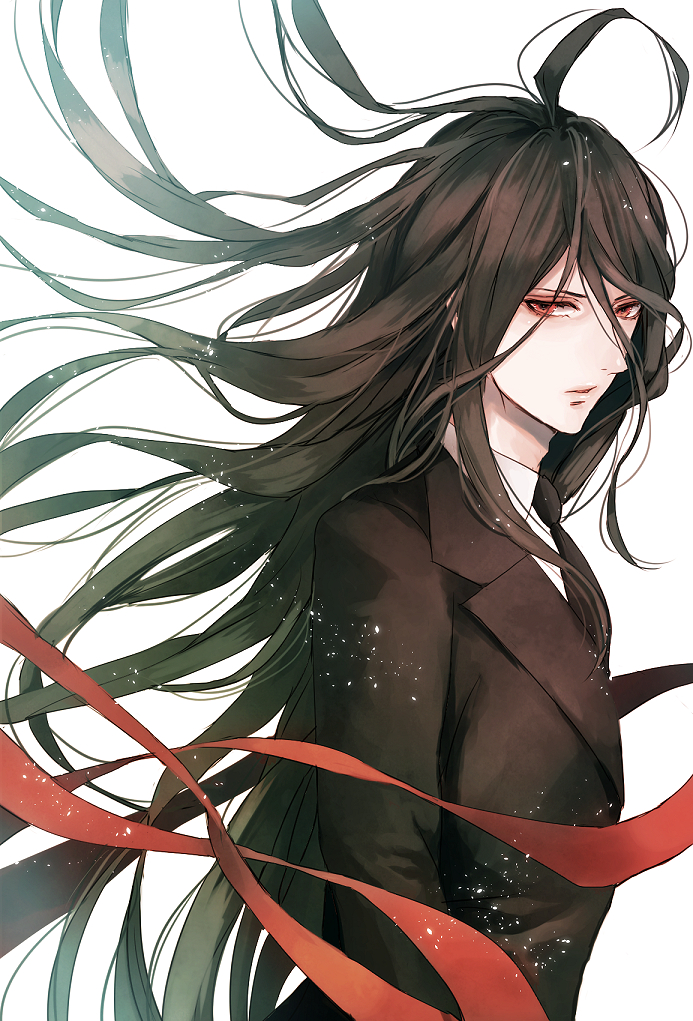 1boy bangs black_hair black_necktie brown_jacket collared_shirt danganronpa_(series) danganronpa_2:_goodbye_despair from_side grey_background hair_between_eyes jacket kamukura_izuru long_hair looking_at_viewer messy_hair necktie parted_lips red_ribbon ribbon sakuyu shirt simple_background solo white_shirt